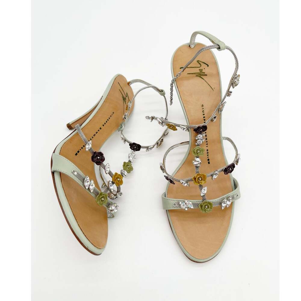 Giuseppe Zanotti Vintage Mint Green Crystal Floral T Strap Heeled Sandals US 7.5